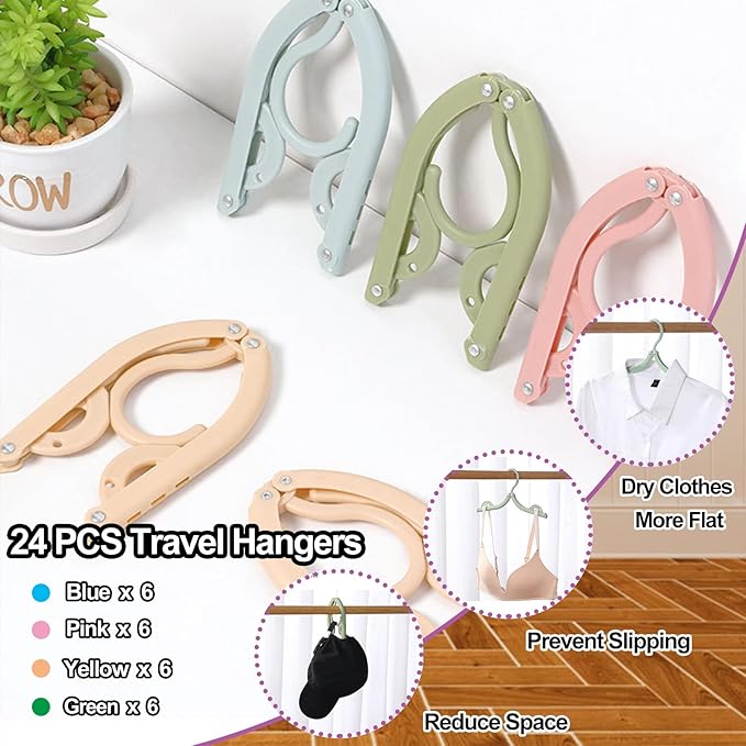 24PCS Travel Hangers,Portable Folding Clothes Hangers,Clothes Hangers with Clotheslines,Foldable Clothes Drying Rack for Travel,Plastic Foldable Non Slip Clothing Hangers