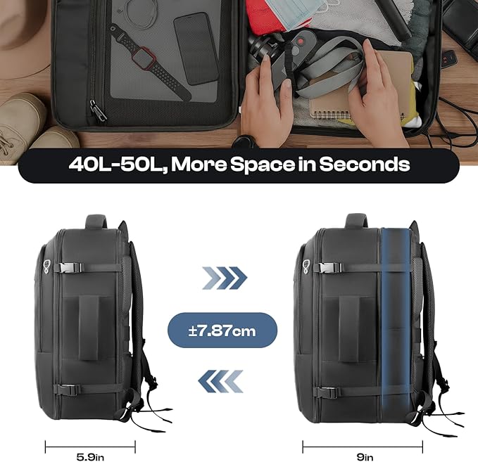 Carry on Backpack for 1-10 Days Trips, Extra Large 40L-50L Travel Backpack TSA Approved, Expandable Laptop Bagpack, Water Resistant Bag Compatible with 17.3 inch Laptops, Black