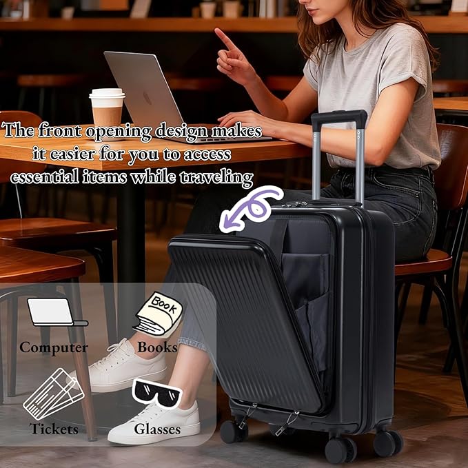 2 Pcs ABS Spinner Luggage Set - 14" Cosmetic Case & 20" Carry-On with Combination Lock, Front Opening Design, Black