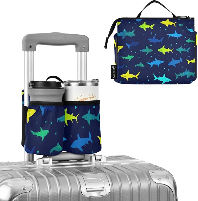 Luggage Cup Holder for Suitcases Free Hands Travel Cup Holder Portable Suitcase Cup Drink Holder Luggage Cup Caddy Bag Carrier Vibrant Sharks Silhouettes