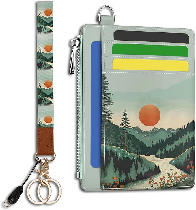 Hancynir Slim Wallet Women Credit Card Holder, Mountain Tree Sunset RFID Blocking Front Pocket Wallet Wristlet Keychain Lanyard Small Cute Thin Travel Zipper Coin PU Leather Card Case Organizer Gifts