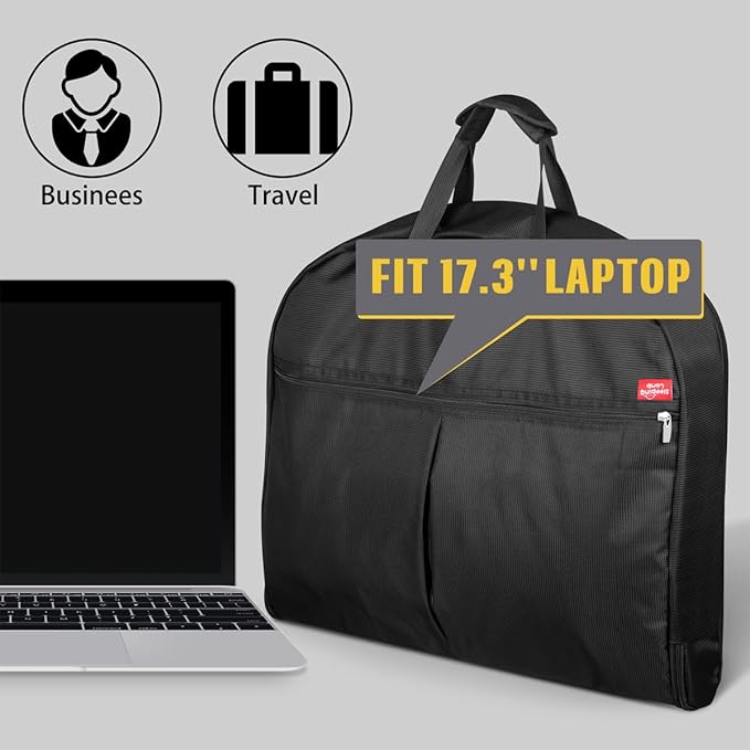 SLEEPING LAMB Heavy Duty Garment Bag for Travel, 43''Waterproof Suit Bag for Men Travel and Foldable Carry On Garment Bag for Hanging Clothes with Large Pocket in Business Trip, Black