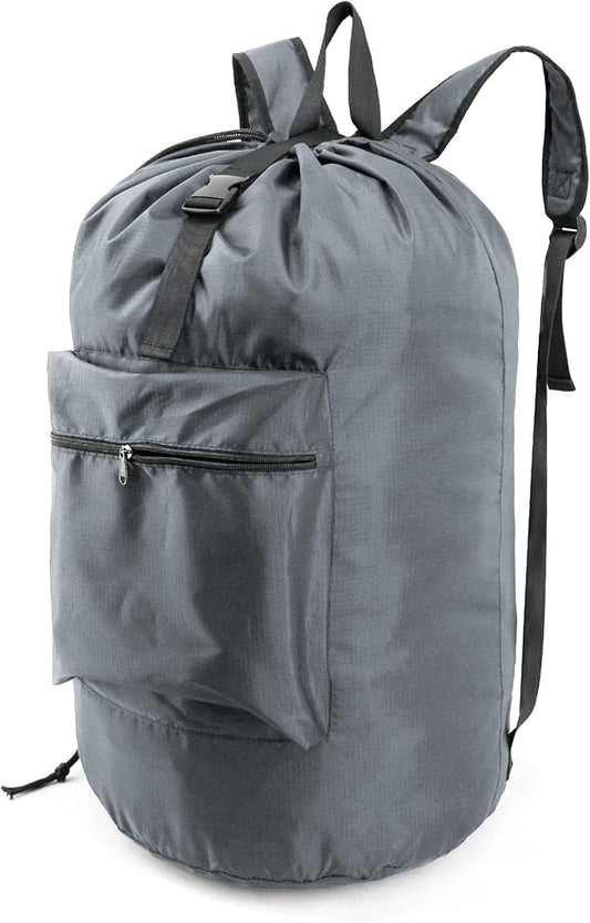 BeeGreen Gray Laundry Backpack w Adjustable Shoulder Straps & Drawstring College Dorm Room Essentials w Handle for Travel Trip Lightweight Durable Laundry Bag Hamper Portable