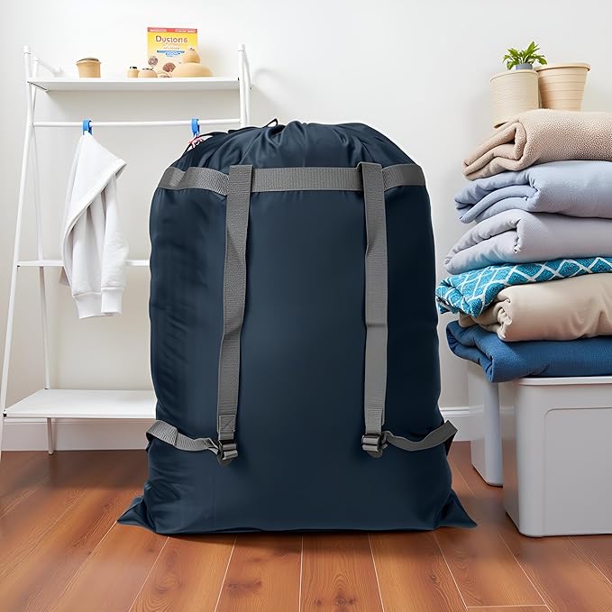 Laundry Bag Backpack, 27” x 34”Sturdy Laundry Bag with Shoulder Straps Drawstring Closure Heavy Duty Foldable Laundry Backpack for College, Travel, Laundromat, Apartment (navy)