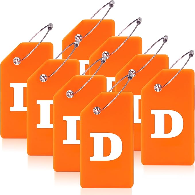 Gostwo 8 Pack Luggage Tags for Suitcases, 26 Initial Letter Travel Luggage Baggage Identification Labels ID Tags Fully Bendable Tags with Stainless Steel Loop (Letter D, Orange)
