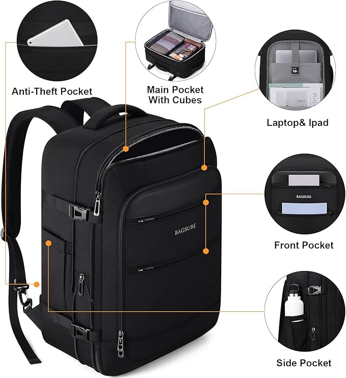 Bagsure Travel Backpack Carry On Backpack 42L Flight Approved, Expandable Laptop Backpack with Packing Cubes & Shoe Pocket, Water Resistant Luggage Backpack for Men Women, Large Backpack 20 * 14 * 7"