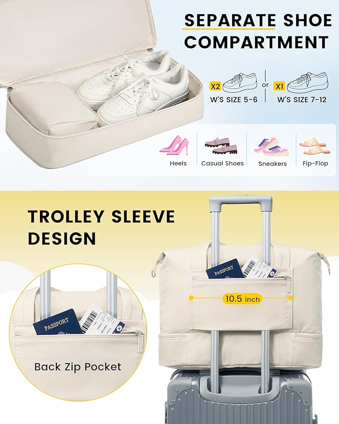 Vorspack Duffle Bag for Travel - 30L Gym Bag for Women Men Personal Item Travel Bag with Shoe Pocket Toiletry Bag Lightweight Carry On Bag for Weekender Overnight Sports - Beige