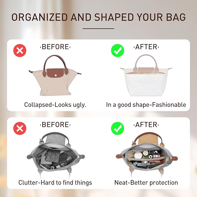 Doxo Upgraded Purse Organizer Insert for Long Champ, Bag Organizer for Long Champ Large and More, Ultra-light Waterproof DupontPaper le pliage Accessories, Women Tote Handbag Dividers(White,L)