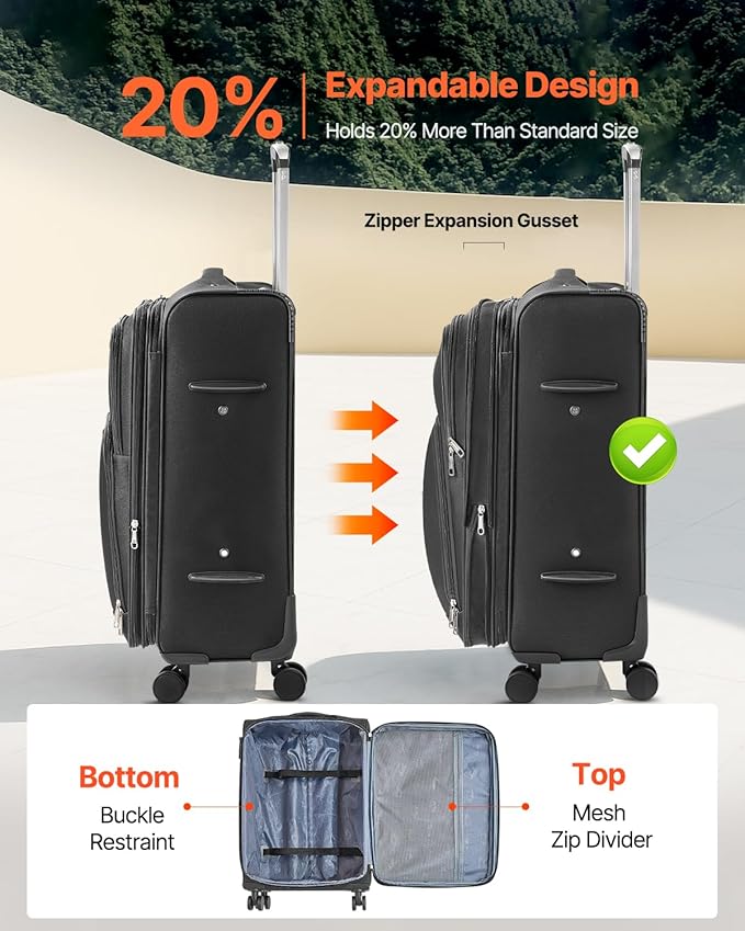 VEVOR Softside Expandable Luggage with Spinner Wheels, 24-Inch Softside Checked Medium Luggage, Lightweight Checked Suitcase with Expandable Zippered Pocket and TSA Lock, Black