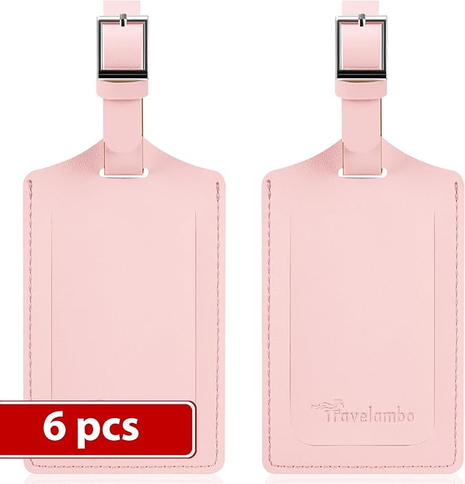 Travelambo Luggage Tags for Suitcases Faux Leather Privacy Protection 6 Pack Bag Tags Travel Accessories Essential, Light Pink
