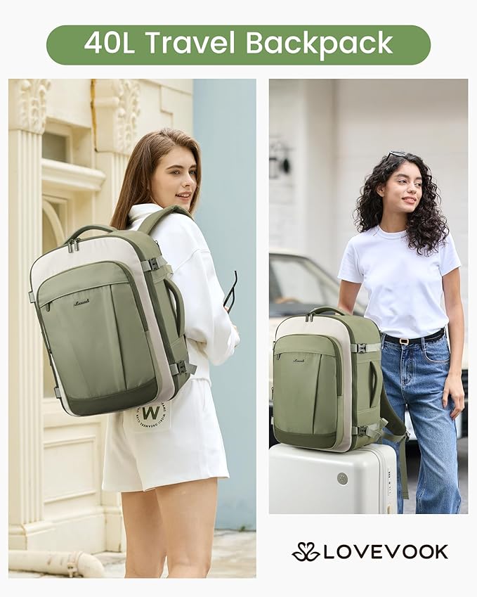 LOVEVOOK 50L Travel Backpack for Women & Men, Airline Approved Carry On Backpack, TSA Personal Item Bag fits 18.0 Inch Laptop, Waterproof Weekender Overnight Bags Suitcase for Work, Light Green