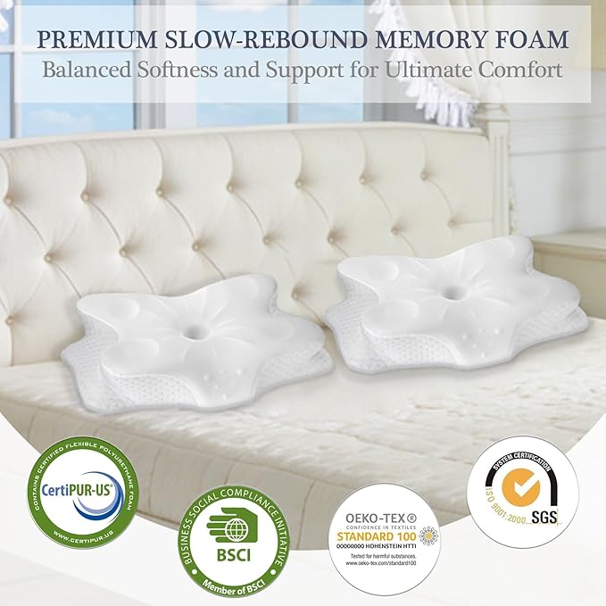 CCidea Cervical Neck Pillows for Sleeping & Pain Relief-Ergonomic Contour Memory Foam Pillow for Side/Back/Stomach Sleepers, 2 Heights with ICY Cooling White Silk Pillowcase - Gifts for Men & Women