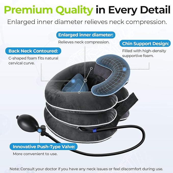 AUVON Inflatable Neck Stretcher for Cervical Traction, Cervical Stretcher with 3-Layer Design in Varying Sizes for Instant Relief, Neck Brace Pillow for Neck Support, Decompression Home Use, XL Size