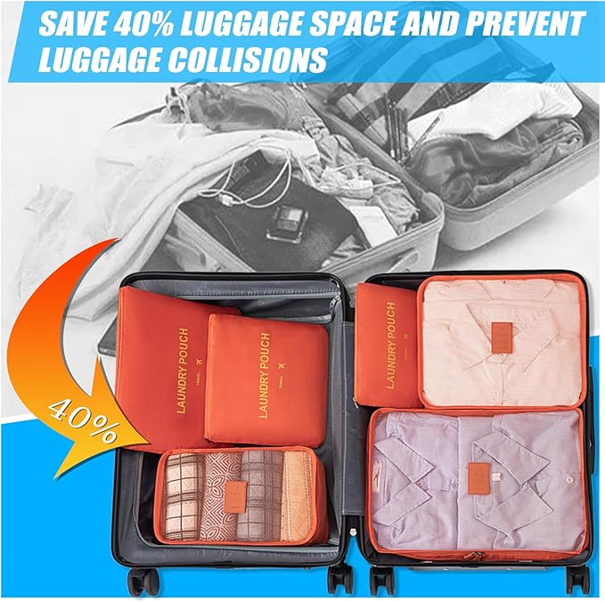 6 Set Packing Cubes for Travel Luggage Packing Bags Reusable Waterproof Suitcase Organizer Bags Set with Shoe Bag and Toiletry Bag (Orange)