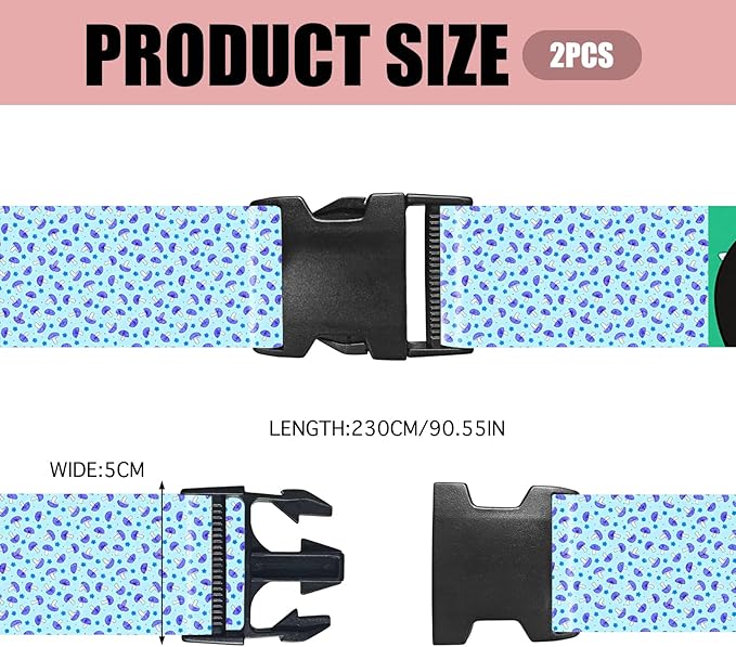 Nuxovilar Luggage Straps of 2 Set Small Blue Purple Mushrooms Pattern, 1.96x90.5 inches - Luggage Straps for Suitcases, Great for Nature Trips, Hiking, Leisure Travel