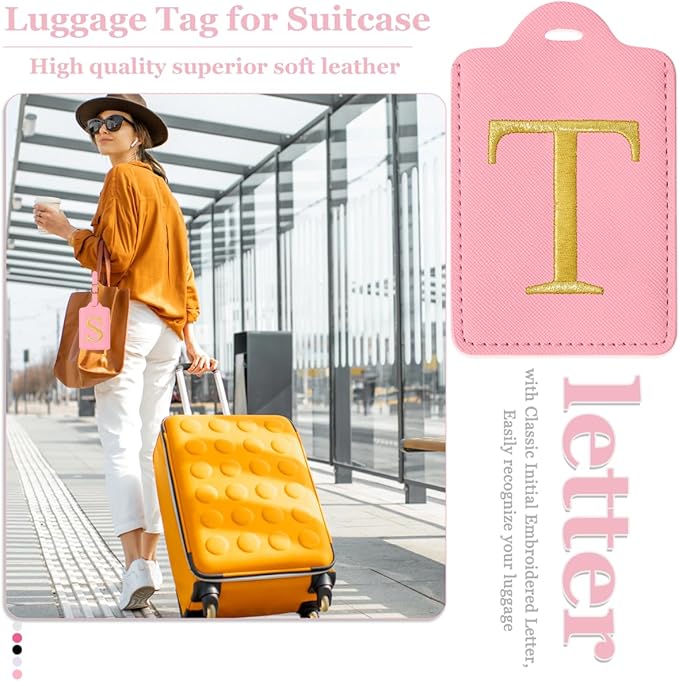 Personalized Initial Luggage Tags for Suitcases,Leather Letter Cute Luggage Tags with Privacy Name Card,Embroidered Monogrammed Travel Bag Backpack Tag Gifts for Women Kids Girls Teens(Pink-T)