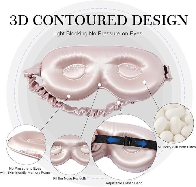 ZIMASILK Adjustable 22 Momme 100% Pure Mulberry Silk Sleep Mask, 3D Contoured Cup Eye Mask for Sleeping, Super Soft Breathable Blindfold, Perfect Blocks Light for Sleeping. (Pink)