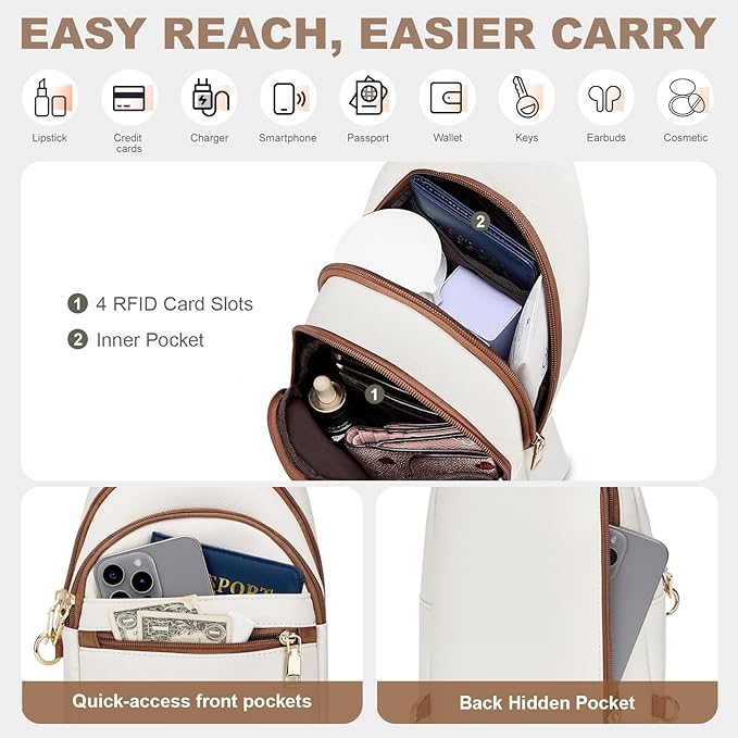 SYTRAH Anti Theft Crossbody Bags for Women, RFID Sling Bag Travel Purse, RFID Cross Body Purses Chest Bag for Travel Beige Brown