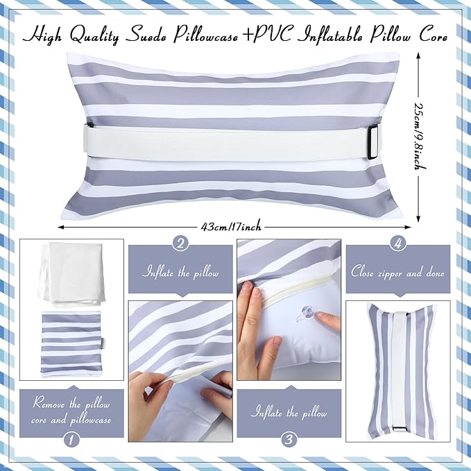 Menkxi 17"x10" Inflatable Beach Pillow with Removable Cover, Beach Chair Backpacking Pillow with Strap Stripe for Summer Sand Pools Travel Vacations(Gray White)