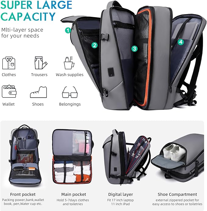 TANGCORLE Carry on Backpack Airline Approved for Men, Travel 50L Expandable backpack Luggage Fits 17.3 Inch Laptop with USB Charging Port(grey)
