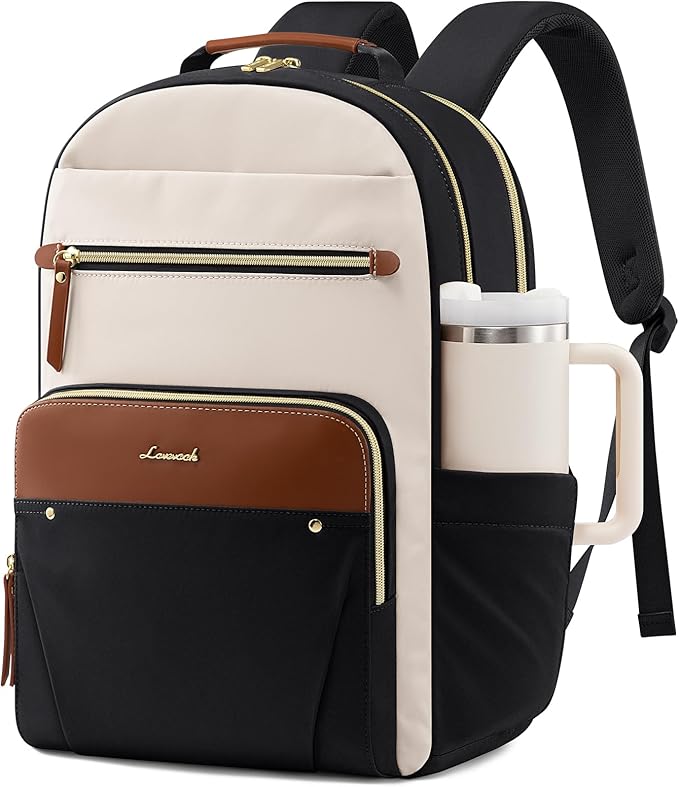 LOVEVOOK Laptop Backpack for Women, 15.6" Work Backpack Purse, Travel Personal Item Bag, Carry On Business Computer Bag, Casual Daypack for Office, School, or Gift, Cream Chestnut Brown