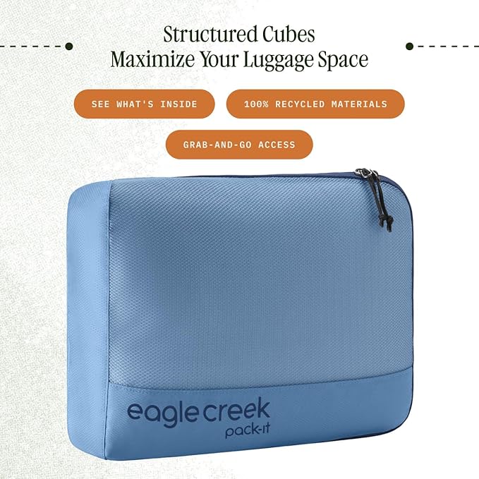 Eagle Creek Pack-It Reveal Cube - Lightweight Packing Cubes for Optimizing Luggage Space - Easy to Carry - Translucent Fabric - Water-Resistant - Easy Grab Zipper - Medium - Blue Dawn