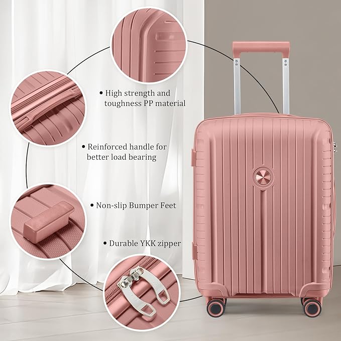 Joyway Luggage Sets 5 Piece PP Hardshell Carry on Suitcase, Travel Lightweight Carry-on with Double Spinner Wheels and TSA Lock, Rose Gold