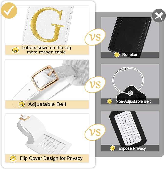 Initial Luggage Tags for Suitcases, Cute Embroidered Letter Luggage Bag Suitcase Identifier Name Baggage Tag, PU Leather Travel Luggage Tags, Bag Tags for Men Women Kids Luggage Handbags(White G)