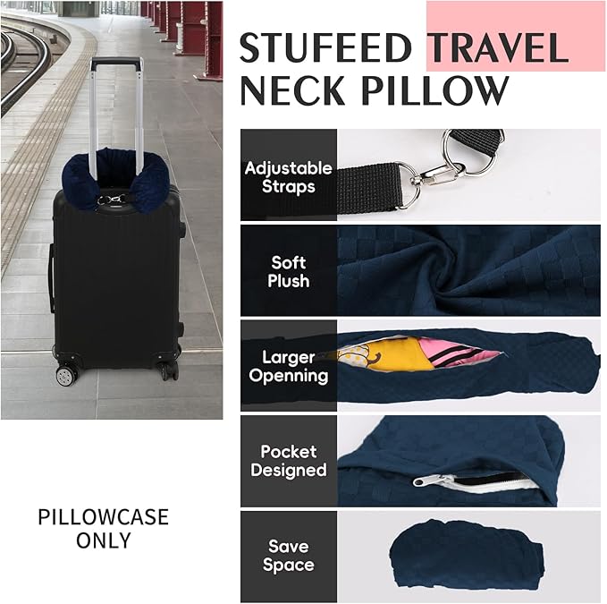 Stuffable Travel Pillow, Stuffable Neck Pillow for Travel, Neck Pillow Stuffed with Clothes Storage - No Extra Baggage Fees, Fits 5+ Days of Travel Essentials, No Filler (Blue-Checkerboard)