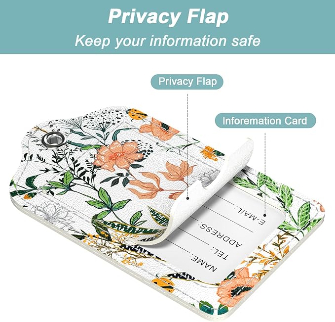 Rimilak 3 Pcs PU Leather Luggage Tags for Suitcase, Travel Cruise Luggage Tag with Privacy Flap, Name ID Label and Metal Loop for Women Men Baggage Handbag School Bag Backpack, Daisy Flowers
