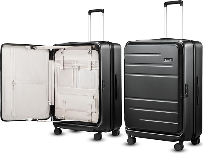 LUGGEX Checked Suitcase with Spinner Wheels, FLO5 Top Opening Expandable Polycarbonate Hard Shell Suitcase with TSA Approved Lock (FX-Core, Black, 28 Inch)