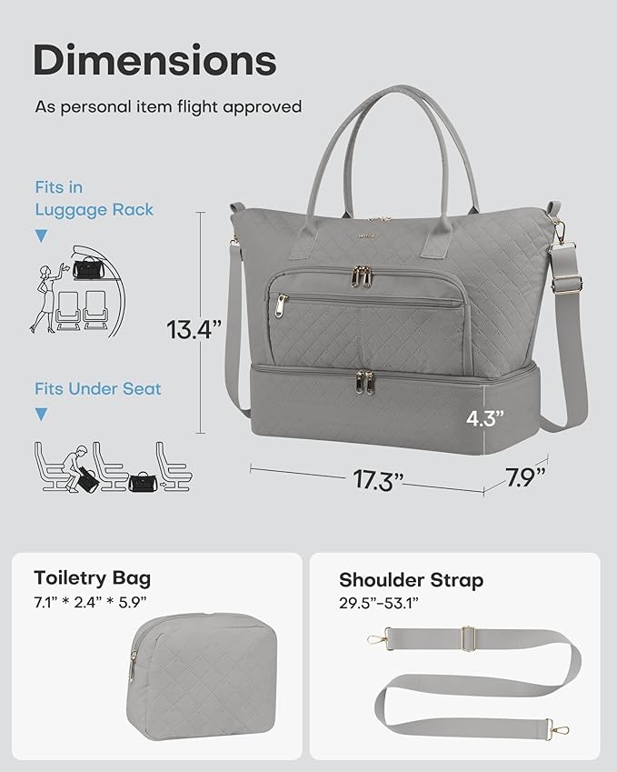 HOTOR Travel Duffle Bag for Women - Carry on Bag with Toiletry Pouch & Shoe Compartment, Large Overnight Weekender Bags for Gym, Business Trips, Sports and Hospital, Gray, 17.3" x 7.9" x 13.4"