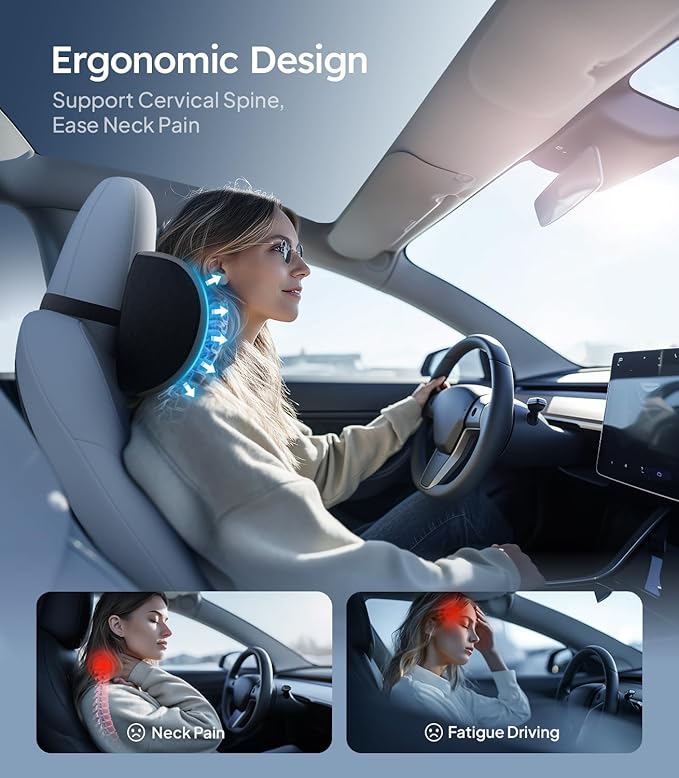Wigoo 2026 Car Neck Pillow [No More Pressure, Odorless] Soft Car Headrest Pillow with Adjustable Strap Removable Cover 100% Memory Foam, Fits All Vehicles (Gray 2-Pack)