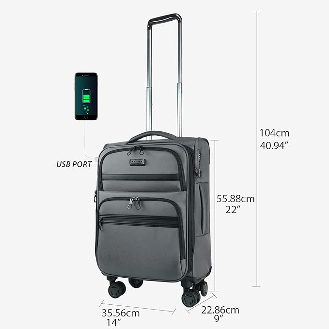 KROSER Softside Expandable Carry On Luggage with Front Business Pockets，20 Inch Suitcases with Spinner Wheels & Built-in TSA Lock, Durable Suitcase Rolling Luggage with USB Port, Grey
