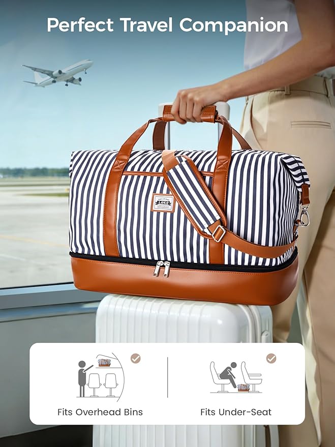 Lekebobor Weekender Bag for Women, Large Holdall Travel Duffle / Overnight Bag with Shoes Compartment & Toiletry Bag, 50L (Blue Striped)