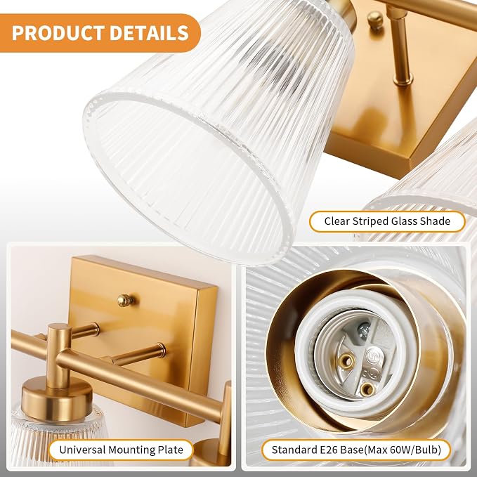 OCIOC 3-Light Bathroom Vanity Light, Modern Gold Wall Light Fixture With Stripe Glass, Farmhouse Bathroom Wall Sconces for Mirror, Kitchen, Bedroom, Living Room, Hallwa