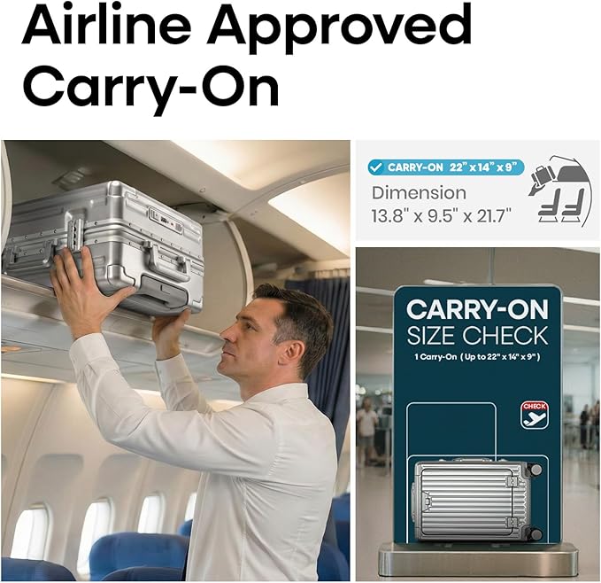 20 Inch Aluminium Frame Carry On Luggage Airline Approved With laptop compartment, Zipperless Hard Shell Travel Suitcase with TSA Approved Cup Holder USB Port Holder for Women Men,Silver