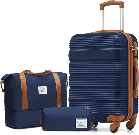 LONG VACATION 3 Piece Carry On Luggage 20 Inch Carryon Suitcase with Spinner Wheels, ABS+PC Hardshell Suitcase set with TSA Lock & YKK Zipper