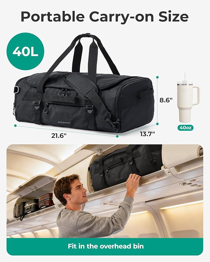 BAGSMART 4-IN-1 Duffle Bag for Travel, 40L Travel Bag Gym Duffle, TSA Carry on Backpack with Shoes Compartment & Wet Pocket, Water-resistant Workout Duffel, Black