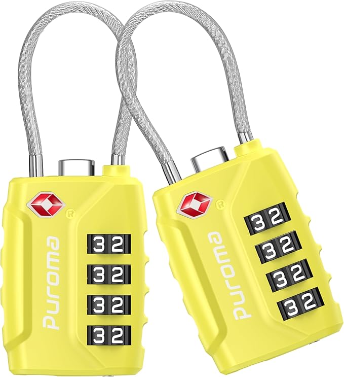 Puroma 2 Pack TSA Approved Luggage Lock, 4 Digit Combination Travel Cable Locks Resettable Code Lock with Zinc Alloy Body for Suitcase, Toolbox, Backpack, Bag, Gym Locker (Yellow)