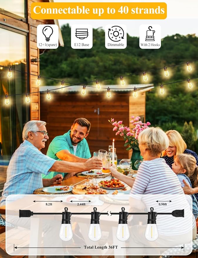 36FT LED Outdoor String Lights for Patio Decor | Outside Hanging Lights with 13 Shatterproof S14 Vintage Edison Bulbs(1 Spare), Waterproof 2700K Dimmable