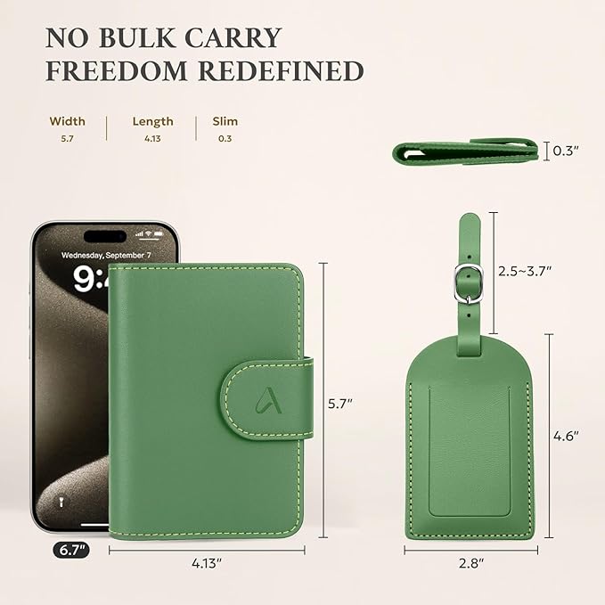 ALLIVE Rfid Passport Holder for Travel Women, Rfid Passport Cover Wallet, Genuine Leather Passport Holder for Travel with AirTag Hidden, Gift Set with Luggage Tag in Premium Gift Box (Avocado Green)