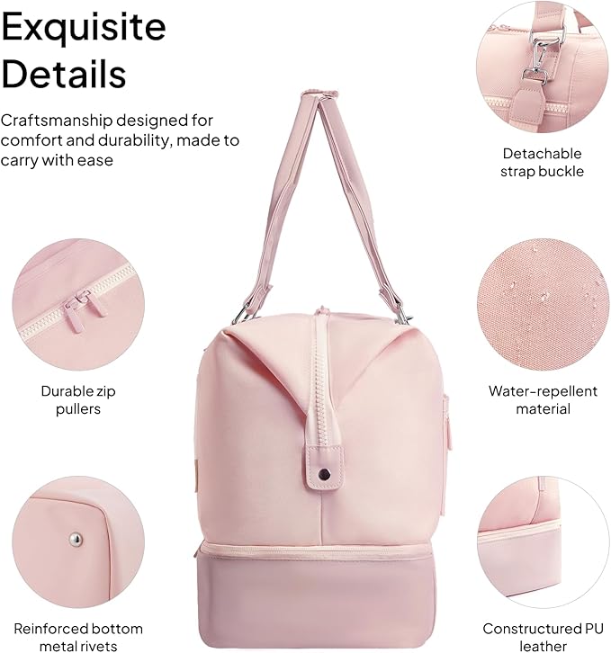 Travel Duffle Bag for Women, 40L Weekender Bags Airline Approved Carry On with Shoe Compartment & Waterproof Wet Pocket, Durable Nylon Weekender Overnight Bag for Travel, Gym, Business Trip, Pink