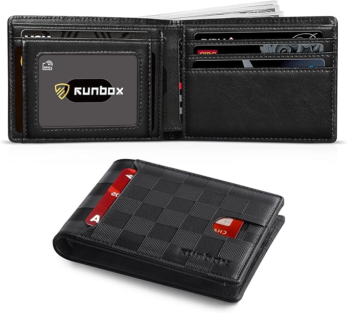 RUNBOX Wallet for Men Slim 11 Credit Card Holder Slots Leather RFID Blocking Small Thin Men's Wallet Bifold Minimalist Front Pocket Large Capacity Gift Box