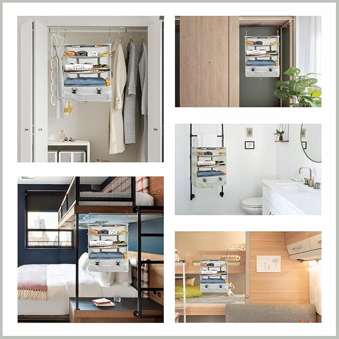 Surblue Hanging Closet Storage Bag Collapsible 3-Shelf Washable Oxford Fabric with 2 Hooks (XL 17.71 * 11.81 * 20in, Light Gray)