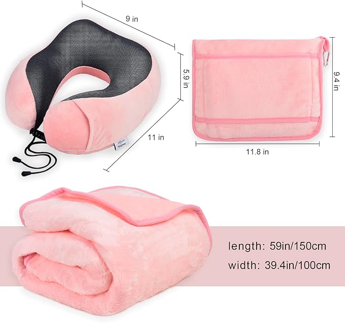 Travel Blanket and Pillow Set - Travel Neck Pillow & Blanket for Airplane, Thick Fleece Blankets Campact with Bag, Memory Foam Neck Pillows, Sleep Mask, Earplugs for Plane Traveling Essentials, Pink