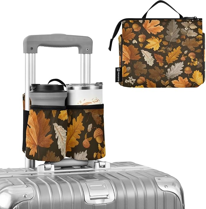Luggage Cup Holder for Suitcases Free Hands Travel Cup Holder Portable Suitcase Cup Drink Holder Luggage Cup Caddy Bag Carrier Brown Retro Autumn Leaves