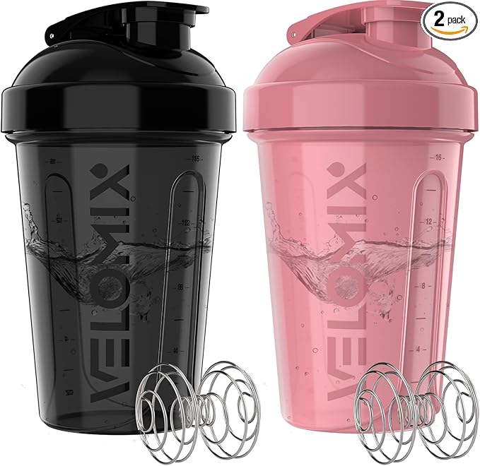 VELOMIX -2 Pack- 20 oz Protein Shaker Bottles for Protein Mixes - 2x Wire Whisk | Leak Proof Shaker Cups for Protein Shakes and Pre Workout | Protein Shaker Bottle Pack (Pink/Black)