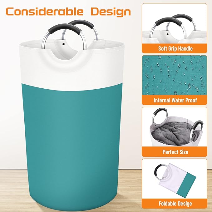 BlissTotes 90L Laundry Basket, Freestanding Laundry Hamper, Collapsible Dirty Clothes Hamper, Waterproof Fabric with Foam Protected Aluminum Handles for College, Dorm, Family (Green)