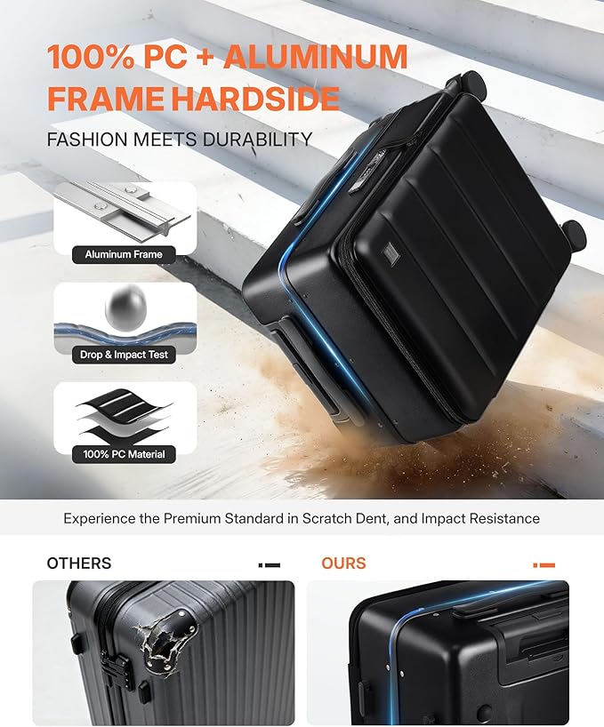 20IN Carry On Luggage,Top Opening Aluminum Frame Hardside 100% PC Airline Approved Suitcase -with TSA Lock,Cup Holder,USB Charge,Side Pothook, 360°Spinner Wheels-Black